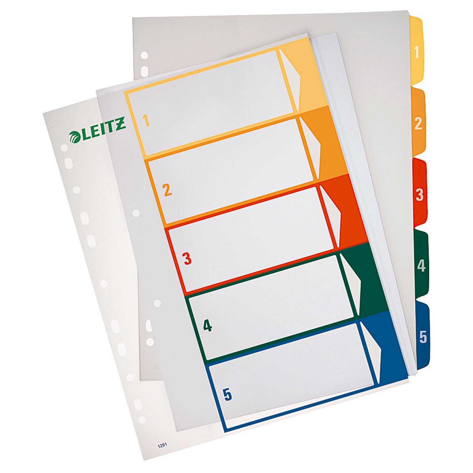 Leitz-1291 Zahlenregister - PP, blanko, bedruckbar, A4 Überbreite, 5 Blatt, farbig Leitz-1291 Zahlenregister - PP, blanko, bedruckbar, A4 Überbreite, 5 Blatt, farbig