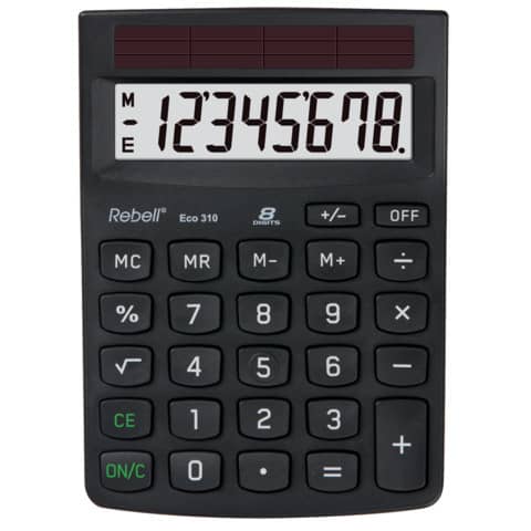 Rebell-Tischrechner Eco 310, 100%Solar, einzeilig, 8 Stellen, 102x143x29mm,schwarz Rebell-Tischrechner Eco 310, 100%Solar, einzeilig, 8 Stellen, 102x143x29mm,schwarz