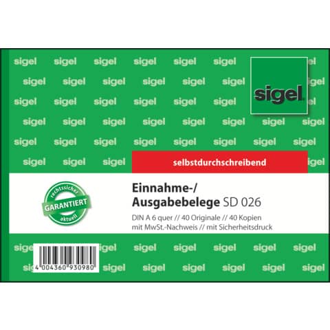 SIGEL-Ausgabe-/Einnahmebelege mit Sicherheitsdruck - A6 quer, 1. und 2. Blatt bedruckt, SD, MP, 2 x 40 Blatt
