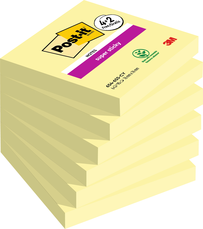 Post-it Haftnotizen Super Sticky Notes, 76 x 76 mm, 4+2