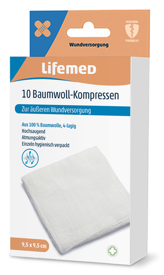 Lifemed Baumwoll-Kompressen, 95 x 95 mm, weiß Lifemed Baumwoll-Kompressen, 95 x 95 mm, weiß
